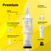 Quelle Round Shader Tattoo Needle Cartridges with transparent acrylic, stainless steel needle, white PC body, and high-quality silicone for ink penetration prevention.